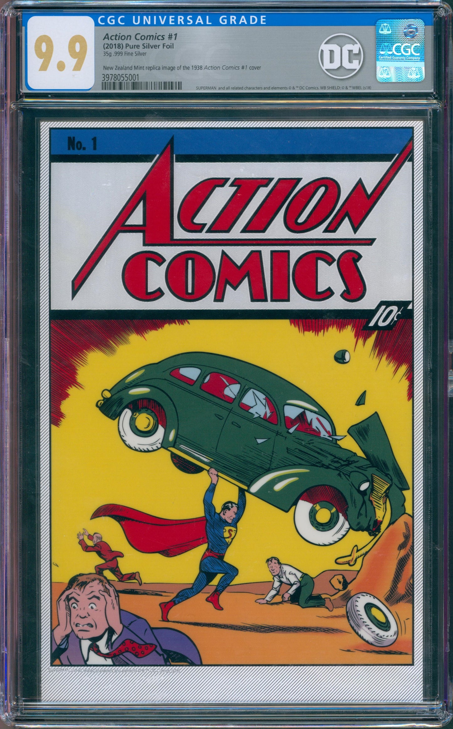 Action Comics #1 Pure Silver Foil. 35g .999 Fine Silver New Zealand Mint Replica Image of the 1938 Action Comics #1 Cover