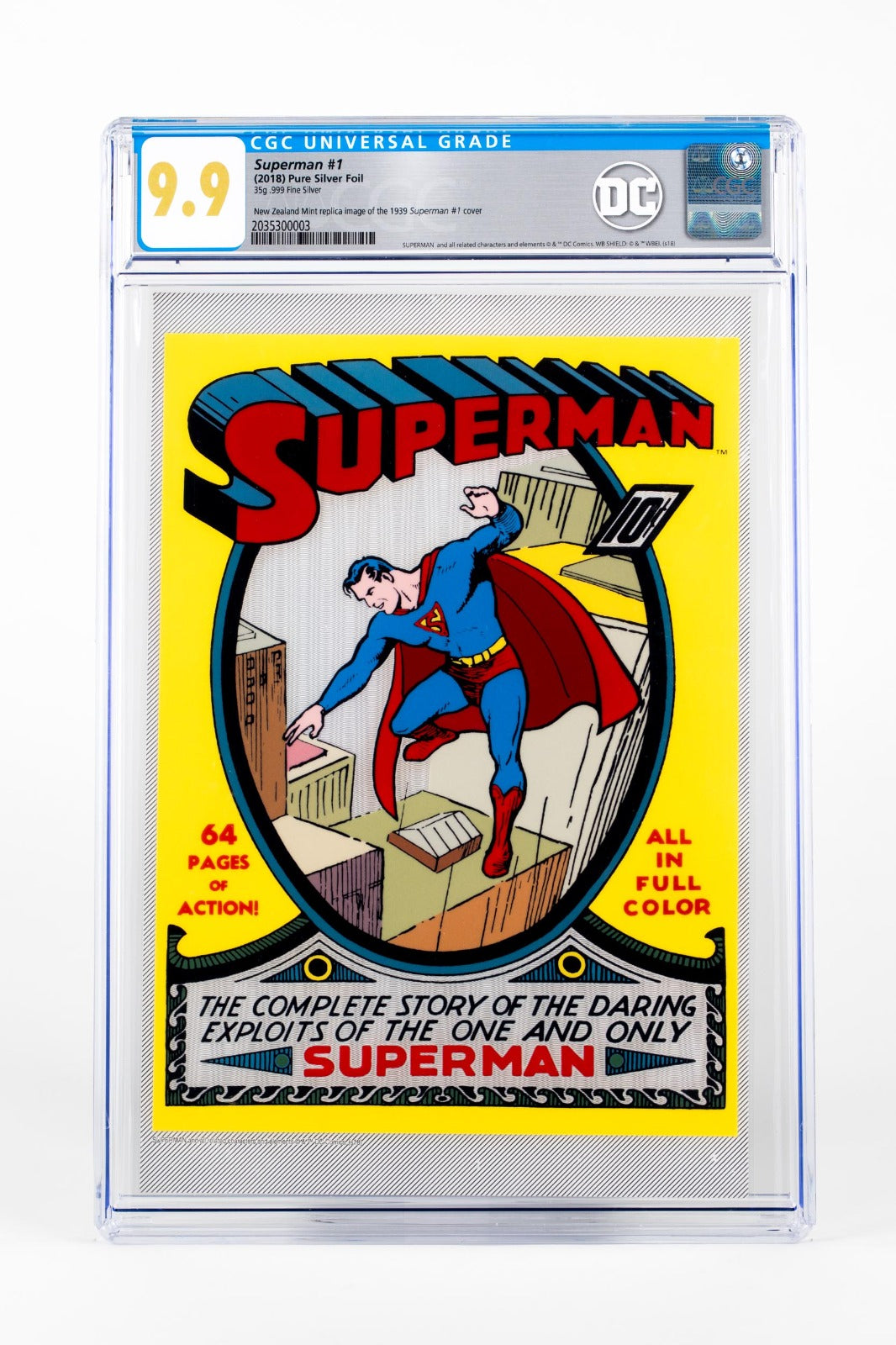 Superman #1 Pure Silver Foil. 35g .999 Fine Silver New Zealand Mint Replica Image of the 1939 Superman #1 #1 Cover